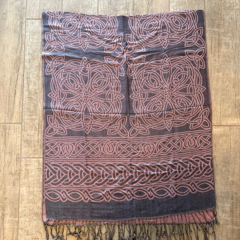 Pashmina Silk Blend Celtic Knot Wrap Scarf Mauve Grey Fringed Shawl 27x68